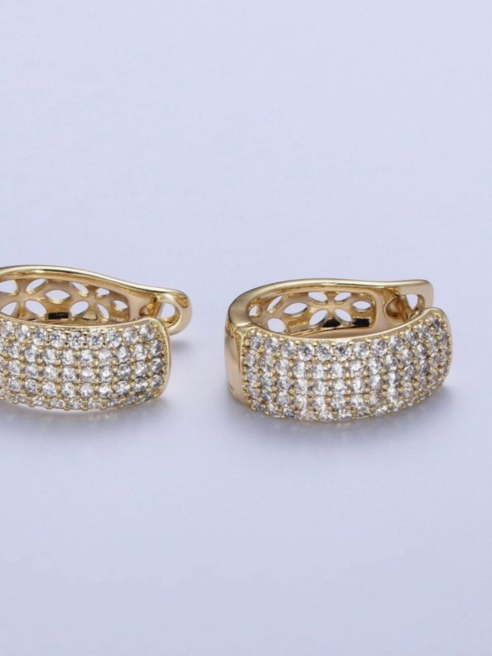 14K Gold Filled Wide Micro Paved Cz Filigree Curved Hoop Earrings